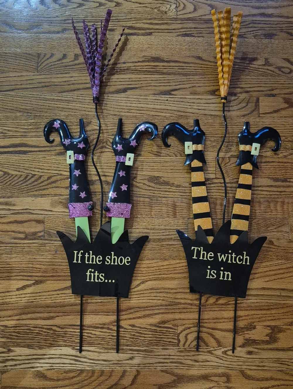 Halloween Witch Shoe Garden Stakes - Black, Purple & Orange